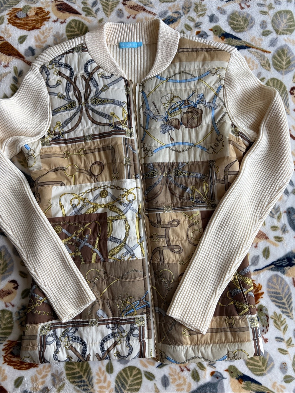 J. McLaughlin Cream, Brown & Blue Quilted Patchwork Sweater Jacket
